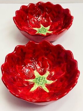 MAXCERA Hand-painted 6” Ceramic Red Poinsettia Flower Dish Bowls - Set of 2